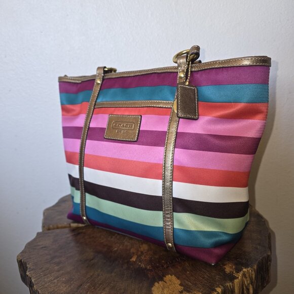 Coach Legacy Multicolor Stripe Sateen Tote Shoulder Bag F14009 Metallic Trim - Picture 11 of 16